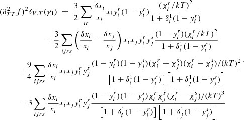 Mathematical equation: $$ \begin{aligned} \begin{aligned} (\partial _{TT}^2f)^2 \delta _{V,T}(\gamma _1) ~&=~ \frac{3}{2}\sum _{ir} \frac{\delta x_i}{x_i} x_i y_i^r(1-y_i^r)\frac{{(\chi _i^r/kT)}^{2}}{1+\delta _i^1(1-y_i^r)}\\ + \frac{3}{2}&\sum _{ijrs}\left(\frac{\delta x_i}{x_i}-\frac{\delta x_j}{x_j}\right)x_ix_jy_i^ry_j^s\frac{(1-y_i^r)(\chi _i^r/kT)^2}{1+\delta _i^1(1-y_i^r)}\\ + \frac{9}{4}\sum _{ijrs} \frac{\delta x_i}{x_i}&x_ix_jy_i^ry_j^s\frac{(1-y_i^r)(1-y_j^s)(\chi _i^r+\chi _j^s)(\chi _i^r-\chi _j^s)/(kT)^2}{\left[1+\delta _i^1(1-y_i^r)\right]\left[1+\delta _j^1(1-y_j^s)\right]}\\ + 3\sum _{ijrs} \frac{\delta x_i}{x_i}&x_ix_jy_i^ry_j^s\frac{(1-y_i^r)(1-y_j^s)\chi _i^r\chi _j^s(\chi _i^r-\chi _j^s)/(kT)^3}{\left[1+\delta _i^1(1-y_i^r)\right]\left[1+\delta _j^1(1-y_j^s)\right]} \end{aligned} .\end{aligned} $$