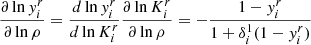 Mathematical equation: $ \displaystyle \frac{\partial\ln y_i^r}{\partial\ln \rho} = \frac{d\ln y_i^r}{d\ln K_i^r}\frac{\partial\ln K_i^r}{\partial\ln \rho} = -\frac{1-y_i^r}{1+\delta_i^1(1-y_i^r)} $