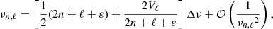 Mathematical equation: $$ \begin{aligned} \nu _{n,\ell } = \left[\frac{1}{2}(2n+\ell +\varepsilon )+\frac{2V_\ell }{2n+\ell +\varepsilon }\right]\Delta \nu + \mathcal{O} \left(\frac{1}{{\nu _{n,\ell }}^2}\right) ,\end{aligned} $$