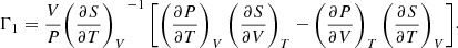 Mathematical equation: $$ \begin{aligned} \begin{aligned} \Gamma _1= \frac{V}{P} {\left(\frac{\partial S}{\partial T}\right)_{V}}^{-1}\left[\left(\frac{\partial P}{\partial T}\right)_{V}\left(\frac{\partial S}{\partial V}\right)_{T}-\left(\frac{\partial P}{\partial V}\right)_{T}\left(\frac{\partial S}{\partial T}\right)_{V}\right] \end{aligned} .\end{aligned} $$