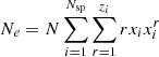 Mathematical equation: $$ \begin{aligned} N_e = N \sum _{i=1}^{N_{\rm sp}}\sum _{r=1}^{z_i} rx_ix_i^r \end{aligned} $$