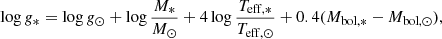 Mathematical equation: $$ \begin{aligned} {\log {g_{*}} = \log {g_{\odot }} + \log {\frac{M_{*}}{M_{\odot }}} + 4\log {\frac{T_{\mathrm{eff},*}}{T_{\mathrm{eff},\odot }}} + 0.4(M_{\rm bol,*} - M_{\mathrm{bol},\odot }),} \end{aligned} $$