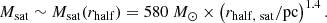 Mathematical equation: $$ \begin{aligned} M_{\rm sat} \sim M_{\rm sat}(r_{\rm half}) = 580\ M_{\odot } \times \left(r_{\rm half,\ sat}/\mathrm{pc}\right)^{1.4}. \end{aligned} $$