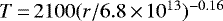 Mathematical equation: $T\,{=}\,2100 (r/6.8\,{\times}\,10^{13}){}^{-0.16}$