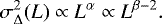 Mathematical equation: \begin{equation*} \sigma_{\Delta}^{2}(L) \propto L^{\alpha} \propto L^{\beta-2}.\end{equation*}