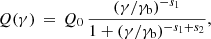 Mathematical equation: $$ \begin{aligned} Q(\gamma ) \, =\, Q_0 \, \frac{ (\gamma /\gamma _{\rm b})^{-{s_1}} }{ 1 + (\gamma /\gamma _{\rm b})^{-{s_1}+{s_2}} } , \end{aligned} $$