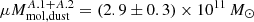 Mathematical equation: $ \mu M_{\mathrm{mol, dust}}^{A.1+A.2} = (2.9\pm0.3)\times10^{11}\,{M_\odot} $