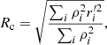 Mathematical equation: $$ \begin{aligned} R_{\mathrm{c} }= \sqrt{\frac{\sum _i \rho _i^2 r_i^{\prime 2}}{\sum _i \rho _i^2}}, \end{aligned} $$