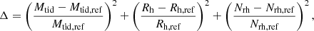Mathematical equation: $$ \begin{aligned} \Delta = \left(\frac{M_{\mathrm{tid} }- M_{\mathrm{tid,ref} }}{M_{\mathrm{tid,ref} }} \right)^2 + \left(\frac{R_{\mathrm{h} }- R_{\mathrm{h,ref} }}{R_{\mathrm{h,ref} }} \right)^2 + \left(\frac{N_{\mathrm{rh} }- N_{\mathrm{rh,ref} }}{N_{\mathrm{rh,ref} }} \right)^2 , \end{aligned} $$