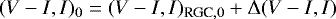 Mathematical equation: \begin{equation*} (V-I, I)_0 = (V-I, I)_{\textrm{RGC},0 }+ \Delta (V-I, I) \end{equation*}