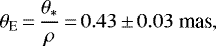 Mathematical equation: \begin{equation*} \theta_{\textrm{E}} \,{=}\, {\theta_* \over \rho} \,{=}\, 0.43\,{\pm}\,0.03~\textrm{mas},\end{equation*}