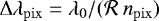 Mathematical equation: ${ {\Delta{}\lambda{}_{\mathrm{pix}}}{} = \lambda_0/ (\mathcal{R}\ {n_{\mathrm{pix}}}{}) }$