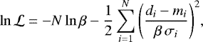 Mathematical equation: \begin{equation*} {\ln{\mathcal{L}}}{} = -N \ln{\beta{}} - \frac{1}{2} \sum_{i=1}^{N}{ \left(\frac{ d_i - m_i }{ \beta{} \, \sigma_i } \right)^2 }, \end{equation*}