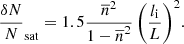 Mathematical equation: $$ \begin{aligned}&{{\frac{\delta N}{N}}_{\rm sat}} = 1.5 {\frac{{\overline{n}}^2}{1-{\overline{n}}^2}\left( \frac{l_{\rm i}}{L} \right)^2}. \end{aligned} $$