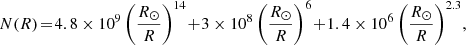 Mathematical equation: $$ \begin{aligned} {N(R)}\! =\! {4.8\times 10^9\left(\frac{R_\odot }{R}\right)^{14}\! +\! 3 \times 10^8\left(\frac{R_\odot }{R}\right)^{6}\! +\! 1.4\times 10^6\left(\frac{R_\odot }{R}\right)^{2.3}}, \end{aligned} $$