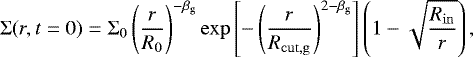 \begin{equation*}\Sigma (r, t=0) = \Sigma_0 \left(\frac{r}{R_0}\right)^{-\beta_{\mathrm{g}}} \exp \left[- \left(\frac{r}{R_{\mathrm{cut,g}}}\right)^{2-\beta_{\mathrm{g}}} \right] \left(1-\sqrt{\frac{R_{\mathrm{in}}}{r}}\right), \end{equation*}