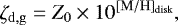 \begin{equation*} \zeta_{\mathrm{d,g}} = Z_0 \times 10^{[\mathrm{M}/\mathrm{H}]_{\mathrm{disk}}}, \end{equation*}