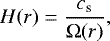 Mathematical equation: \begin{equation*}H(r) = \frac{c_{\textrm{s}}}{\Omega(r)},\end{equation*}