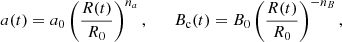$$ \begin{aligned} a(t) = a_0 \left(\frac{R(t)}{R_0}\right)^{n_a}, \qquad B_{\rm c}(t) = B_0 \left(\frac{R(t)}{R_0}\right)^{-n_B}, \end{aligned} $$