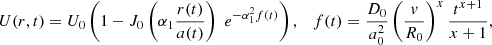 $$ \begin{aligned} U(r, t) = U_0 \left(1 - J_0\left(\alpha _1 \frac{r(t)}{a(t)}\right) \; e^{-\alpha _1^2 f(t)} \right), \quad f(t) = \frac{D_0}{a_0^2} \left(\frac{{ v}}{R_0}\right)^x \frac{t^{x+1}}{x+1} , \end{aligned} $$