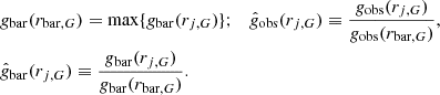 Mathematical equation: $$ \begin{aligned}&g_{\rm bar}(r_{\mathrm{bar},G}) = \mathrm{max} \{ g_{\rm bar}(r_{j,G}) \} ; \quad \hat{g}_{\rm obs}(r_{j,G})\equiv \frac{g_{\rm obs}(r_{j,G})}{g_{\rm obs}(r_{\mathrm{bar},G})},\nonumber \\&\hat{g}_{\rm bar}(r_{j,G})\equiv \frac{g_{\rm bar}(r_{j,G})}{g_{\rm bar}(r_{\mathrm{bar},G})}. \end{aligned} $$