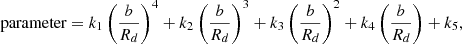 Mathematical equation: $$ \begin{aligned} \text{ parameter}=k_1 \left( \frac{b}{R_d}\right)^4+k_2\left(\frac{b}{R_d}\right)^3+k_3\left( \frac{b}{R_d}\right)^2+k_4\left(\frac{b}{R_d}\right)+k_5, \end{aligned} $$