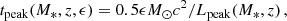 Mathematical equation: $$ \begin{aligned} t_{\rm peak}(M_*, z, \epsilon ) = 0.5 \epsilon M_{\odot } c^2/L_{\rm peak}(M_*,z) \, , \end{aligned} $$