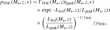 Mathematical equation: $$ \begin{aligned} p_{\rm TDE} (M_*, z; \epsilon )&= \Gamma _{\rm TDE} (M_*, z) t_{\rm peak} (M_*, z, \epsilon ) \nonumber \\&\quad \times \exp (-L_{\rm bol} (M_*, z)/L_{\rm peak} (M_*, z)) \nonumber \\&\quad \times \left(\frac{L_{\rm bol} (M_*, z)}{L_{\rm peak} (M_*, z)}\right)^{-1/\gamma _{\rm TDE}}/\gamma _{\rm TDE} , \end{aligned} $$