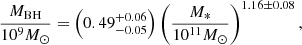 Mathematical equation: $$ \begin{aligned} \frac{M_{\rm BH}}{10^9 M_{\odot }} = \left(0.49 ^{+0.06}_{-0.05}\right) \left(\frac{M_*}{10^{11} M_{\odot }}\right)^{1.16 \pm 0.08} , \end{aligned} $$