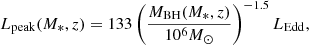 Mathematical equation: $$ \begin{aligned} L_{\rm peak}(M_*,z) = 133 \left(\frac{M_{\rm BH} (M_*, z)}{10^{6} M_{\odot }}\right)^{-1.5} L_{\rm Edd} , \end{aligned} $$