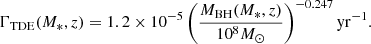 Mathematical equation: $$ \begin{aligned} \Gamma _{\rm TDE} (M_*, z) = 1.2 \times 10^{-5} \left(\frac{M_{\rm BH}(M_*, z)}{10^8 M_{\odot }}\right)^{-0.247} {\mathrm{yr} }^{-1} . \end{aligned} $$