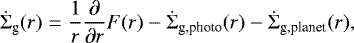 Mathematical equation: \begin{equation*} \dot{\Sigma}_{\textrm{g}}(r) = \frac{1}{r} \frac{\partial}{\partial r} F(r) - \dot{\Sigma}_{\textrm{g,photo}}(r) - \dot{\Sigma}_{\textrm{g,planet}}(r),\end{equation*}