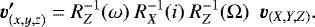 Mathematical equation: \begin{equation*} \vec{v\prime}_{(x,y,z)} = R^{-1}_Z (\omega)\ R^{-1}_X (i)\ R^{-1}_Z (\Omega)\ \ \vec{v}_{(X,Y,Z)}.\vspace*{-3pt} \end{equation*}