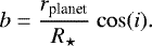 Mathematical equation: \begin{equation*} b = \frac{r_{\textrm{planet}}}{R_{\star}} \ \mathrm{cos}(i). \end{equation*}
