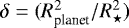 Mathematical equation: $\delta = (R_{\textrm{planet}}^2/R_{\star}^2)$