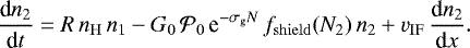 \begin{equation*} \dfrac{\textrm{d}n_2}{\textrm{d}t} = R \, n_{\mathrm{H}} \, n_1 - G_0 \, \mathcal{P}_0 \, \textrm{e}^{-\sigma_{\textrm{g}}N} \, f_{\mathrm{shield}}(N_2) \, n_2 + v_{\mathrm{IF}} \, \dfrac{\textrm{d}n_2}{\textrm{d}x}.\end{equation*}