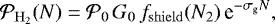 \begin{equation*} \mathcal{P}_{\mathrm{H}_{2}}(N) = \mathcal{P}_0\, G_0\, f_{\mathrm{shield}}(N_2)\, \textrm{e}^{-\sigma_{\textrm{g}}N},\end{equation*}