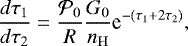 \begin{equation*} \dfrac{{d}\tau_1}{{d}\tau_2} = \dfrac{\mathcal{P}_0}{R} \dfrac{G_0}{n_{\mathrm{H}}} \textrm{e}^{-(\tau_1+2\tau_2)}, \end{equation*}