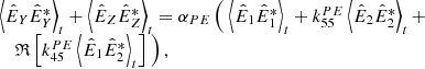 $$ \begin{aligned} \begin{array}{ll}&\left\langle \hat{E}_Y \hat{E}_Y^{*}\right\rangle _t + \left\langle \hat{E}_Z \hat{E}_Z^{*}\right\rangle _t = \alpha _ {PE} \left(\ \left\langle \hat{E}_1 \hat{E}_1^{*}\right\rangle _t + k_{55}^{PE} \left\langle \hat{E}_2 \hat{E}_2^{*}\right\rangle _t + \right.\\&\quad \left. \mathfrak{R} \left[k_{45}^{PE} \left\langle \hat{E}_1 \hat{E}_2^{*}\right\rangle _t\right] \ \right), \end{array} \end{aligned} $$