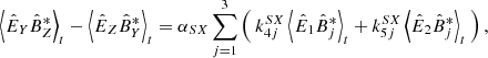 $$ \begin{aligned} \left\langle \hat{E}_Y \hat{B}_Z^{*}\right\rangle _t - \left\langle \hat{E}_Z \hat{B}_Y^{*}\right\rangle _t = \alpha _ {SX} \sum _{j=1}^3 \left(\ k_{4j}^ {SX} \left\langle \hat{E}_1 \hat{B}_j^{*}\right\rangle _t + k_{5j}^{SX} \left\langle \hat{E}_2 \hat{B}_j^{*}\right\rangle _t \ \right), \end{aligned} $$