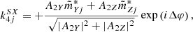$$ \begin{aligned} k_{4j}^{SX} = +\frac{A_{2Y}\tilde{m}_{Yj}^{*} + A_{2Z}\tilde{m}_{Zj}^{*}}{\sqrt{|A_{2Y}|^2 + |A_{2Z}|^2}} \exp \left(i\Delta \varphi \right), \end{aligned} $$