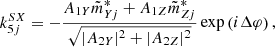 $$ \begin{aligned} k_{5j}^{SX} = -\frac{A_{1Y}\tilde{m}_{Yj}^{*} + A_{1Z}\tilde{m}_{Zj}^{*}}{\sqrt{|A_{2Y}|^2 + |A_{2Z}|^2}} \exp \left(i\Delta \varphi \right), \end{aligned} $$
