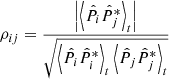$$ \begin{aligned} \rho _{ij} = \frac{\left|\left\langle \hat{P}_i \hat{P}_j^{*}\right\rangle _t\right|}{\sqrt{\left\langle \hat{P}_i \hat{P}_i^{*}\right\rangle _t \left\langle \hat{P}_j \hat{P}_j^{*}\right\rangle _t}} \end{aligned} $$