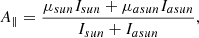 $$ \begin{aligned} A_{\parallel }=\frac{\mu _{sun} I_{sun}+\mu _{asun} I_{asun}}{I_{sun}+I_{asun}} , \end{aligned} $$