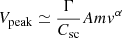Mathematical equation: $$ \begin{aligned} V_{\rm peak} \simeq \frac{\Gamma }{C_{\rm sc}}A m { v}^\alpha \end{aligned} $$