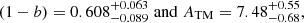 $$ \begin{aligned} (1-b) = 0.608^{+0.063}_{-0.089} \; \mathrm{and} \; A_{\rm TM} = 7.48^{+0.55}_{-0.68}, \end{aligned} $$