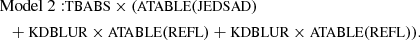 Mathematical equation: $$ \begin{aligned}&\mathrm{Model\ 2: } {\small{\text {TBABS}}} \times ({\small{\text {ATABLE}}} ({\small{\text {JEDSAD}}} ) \nonumber \\&\ \ + {\small{\text {KDBLUR}}} \times {\small{\text {ATABLE}}} ({\small{\text {REFL}}} )+{\small{\text {KDBLUR}}} \times {\small{\text {ATABLE}}} ({\small{\text {REFL}}} )). \end{aligned} $$