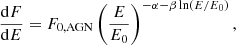 Mathematical equation: $$ \begin{aligned} \frac{\mathrm{d} F}{\mathrm{d} E} = F_{0,\mathrm{AGN} }\left(\frac{E}{E_0}\right)^{-\alpha -\beta \ln \!{\left(E/E_0\right)}}\mathrm{,} \end{aligned} $$