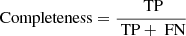 Mathematical equation: $$ \begin{aligned} \mathrm{Completeness} = \frac{\text{ TP}}{\text{ TP} + \text{ FN}} \end{aligned} $$