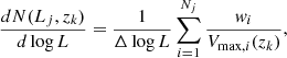 Mathematical equation: $$ \begin{aligned} \frac{dN(L_j,z_k)}{d\log L}=\frac{1}{\Delta \log L}\sum _{i=1}^{N_{j}} \frac{w_{i}}{V_{\mathrm{max},i}(z_k)}, \end{aligned} $$